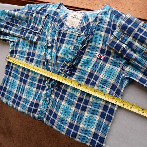 Hollister Plaid Ruffle Blouse Small long sleeve button up waist tie blue yellow - Picture 7 of 10